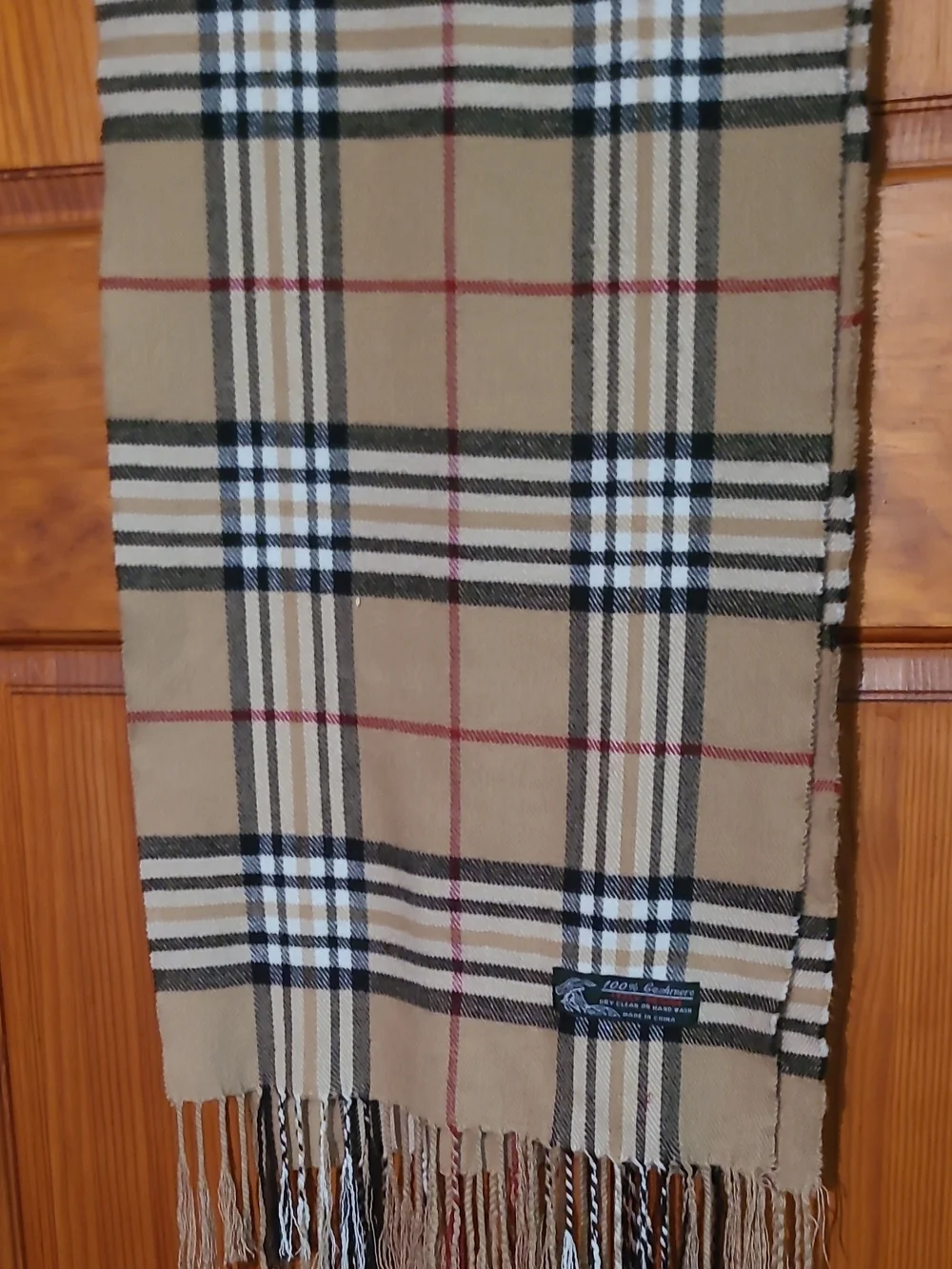 Classic Tan Plaid Scarf with Black, White and Red Stripes Cashmere NWOT Italy